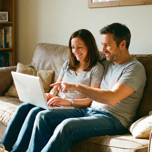 Foster Care parents on a couch in the living room filling out the Kidz Thrive CPA Application Documents.